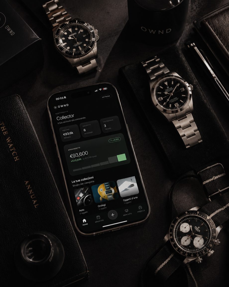 A watch collection archived in OWND — Seiko, Rolex and Tudor beside the app